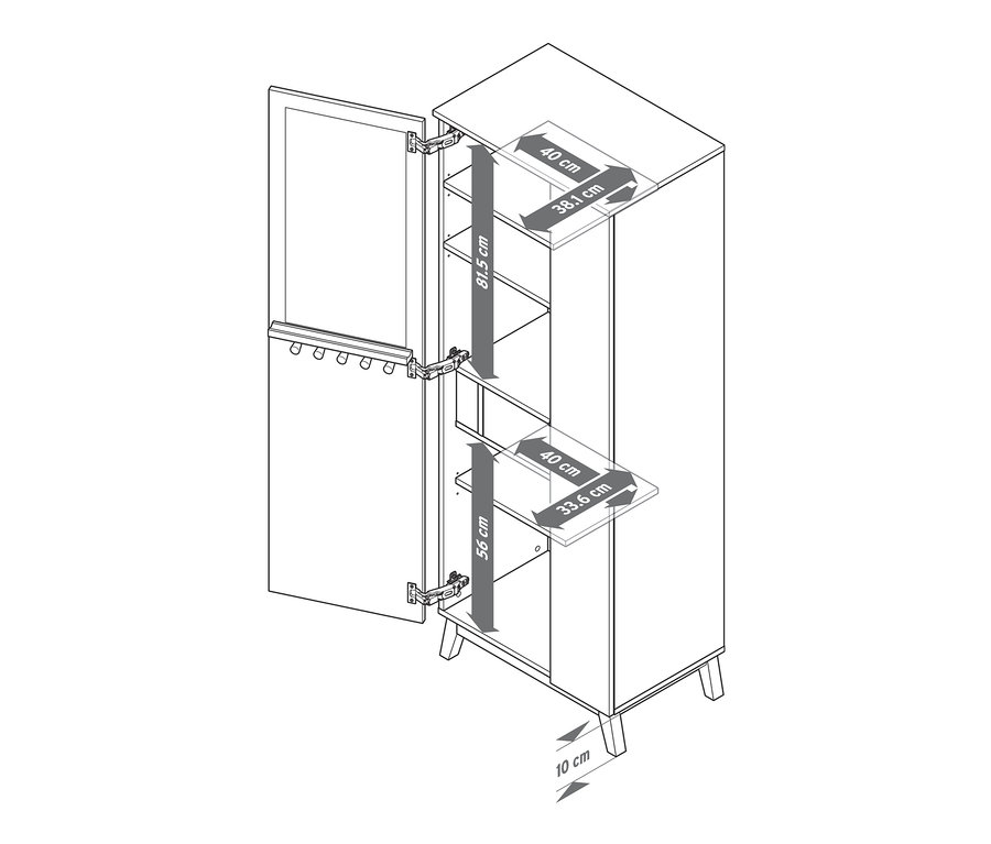 Armoire multifonction ouverte avec étagères et dimensions.
