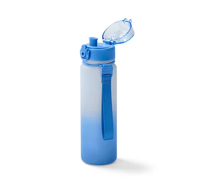 Une gourde bleue avec un couvercle transparent ouvert.