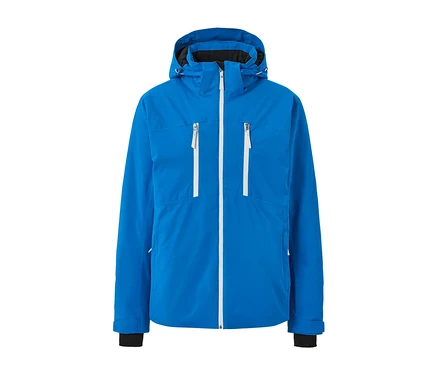 Veste de ski high-tech bleue avec fermetures éclair.