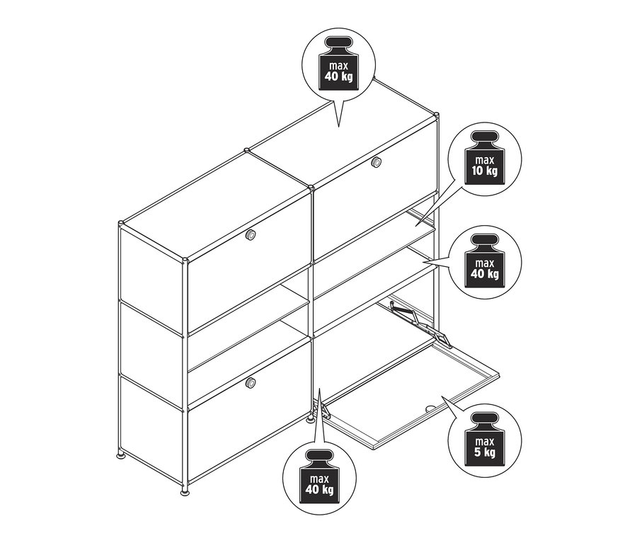 Schéma d'une commode en métal « CN3 » à 4 abattants. La charge maximale est de 40 kg en haut et en bas, de 10 kg pour les étagères et de 5 kg pour les abattants.