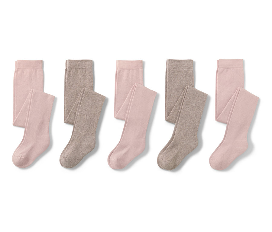 Cinq collants en coton rose et marron.