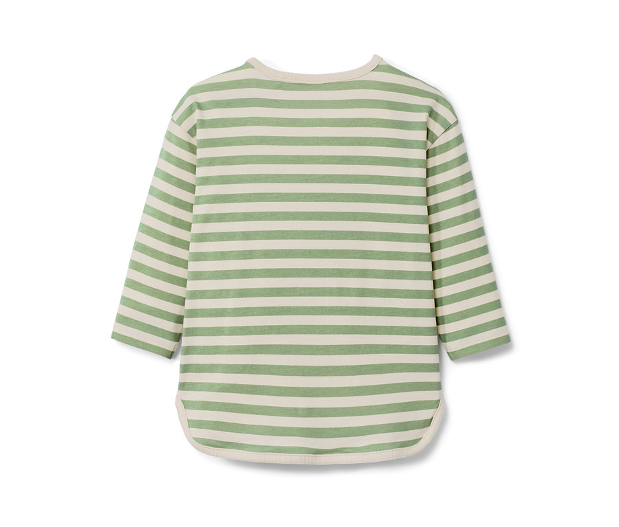 Vue arrière d'un t-shirt à manches longues pour enfant rayé horizontalement vert et crème.