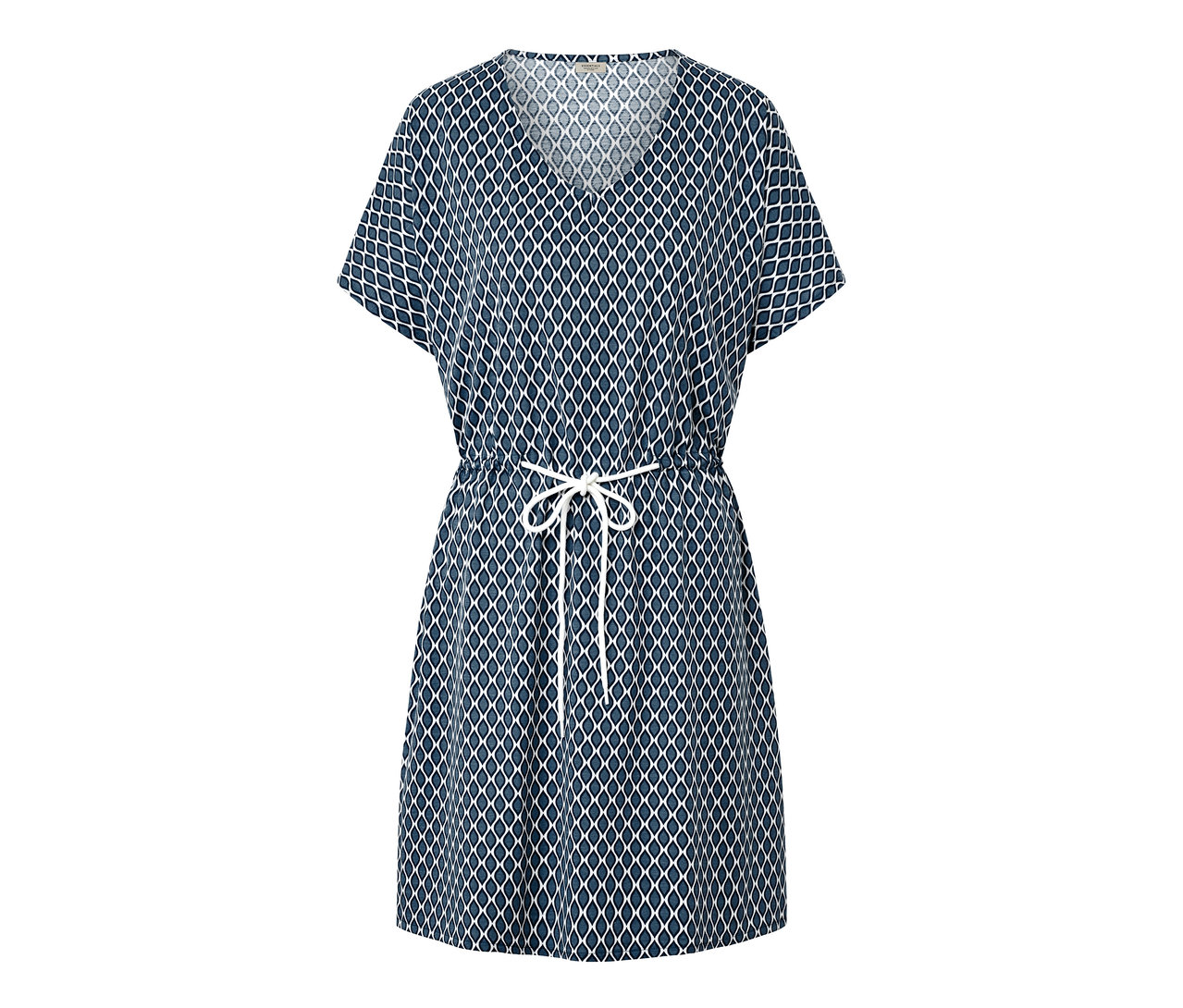 Tunique de plage bleue à motifs géométriques blancs avec cordon de serrage à la taille.