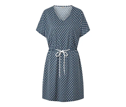 Tunique de plage bleue à motifs géométriques blancs avec cordon de serrage à la taille.