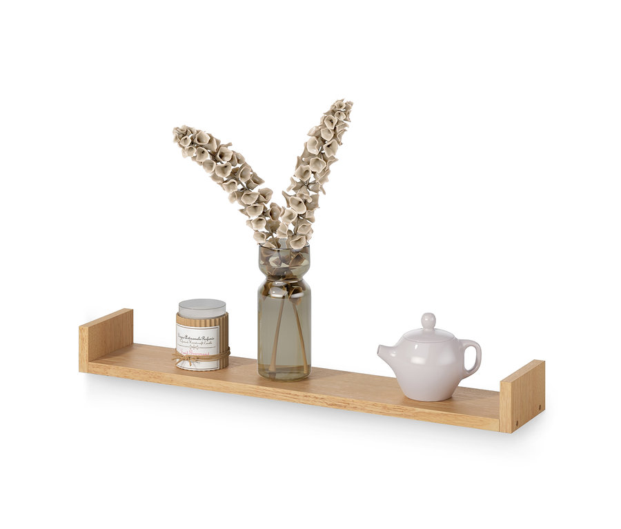 Sur une étagère murale (environ 80 cm) se trouvent un vase avec des plantes, une bougie et une théière.