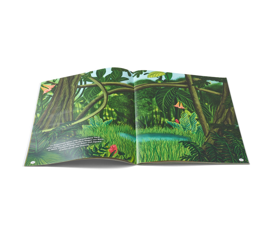 Livre ouvert « Monde fascinant en autocollants – animaux sauvages » illustrant une jungle.