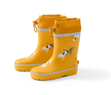 Bottes de pluie jaunes avec motif de chien.