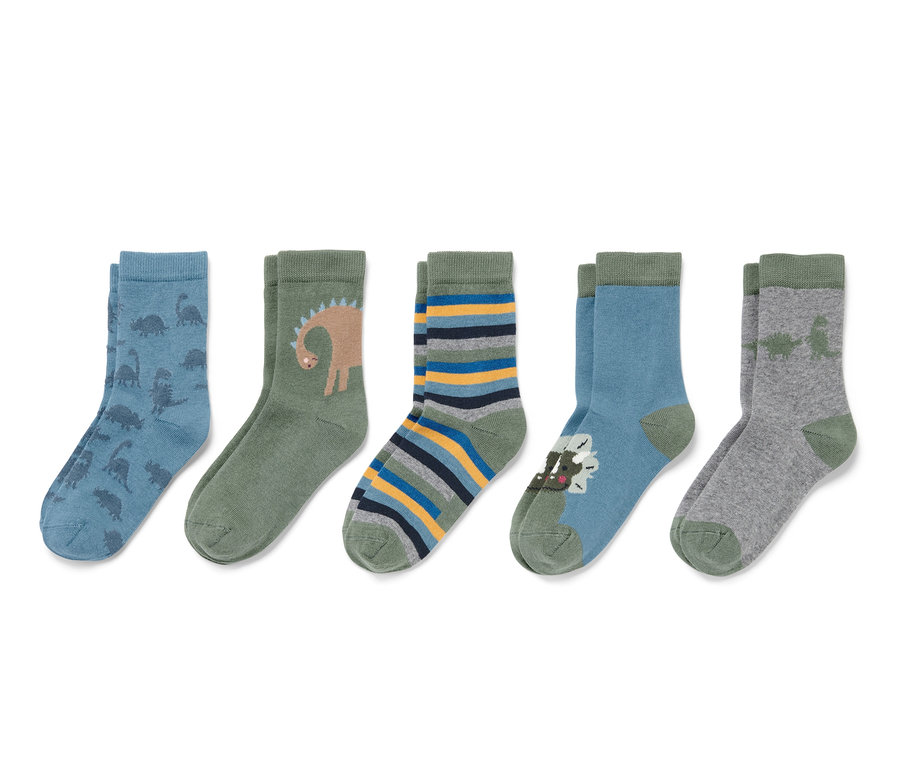 Cinq paires de chaussettes bleues avec différents motifs de dinosaures.