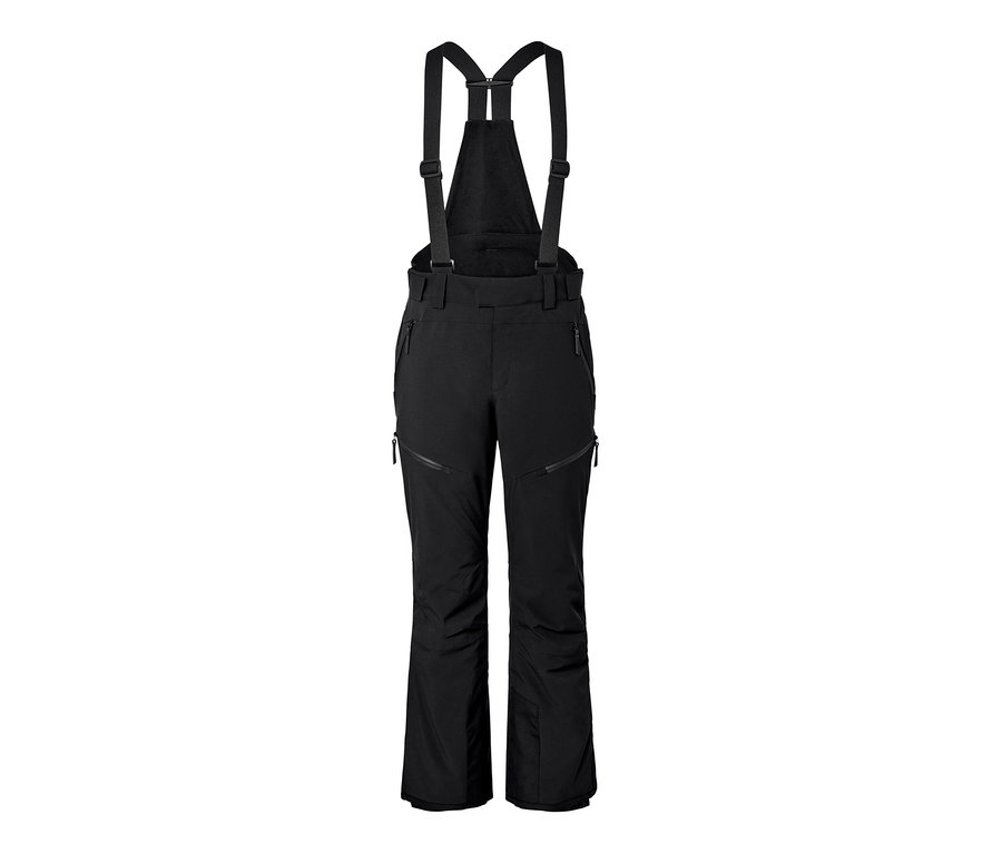 Pantalon de ski high-tech noir avec bretelles et fermetures éclair.