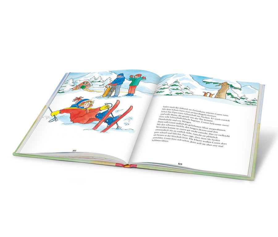 Une illustration du livre «Durch das Jahr mit Conni» montrant une scène de ski.