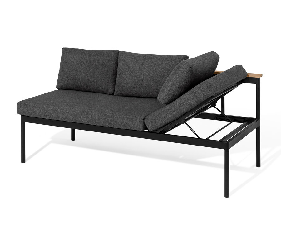 Banquette dining 2 en 1 « Elin » avec cadre noir et coussins gris.