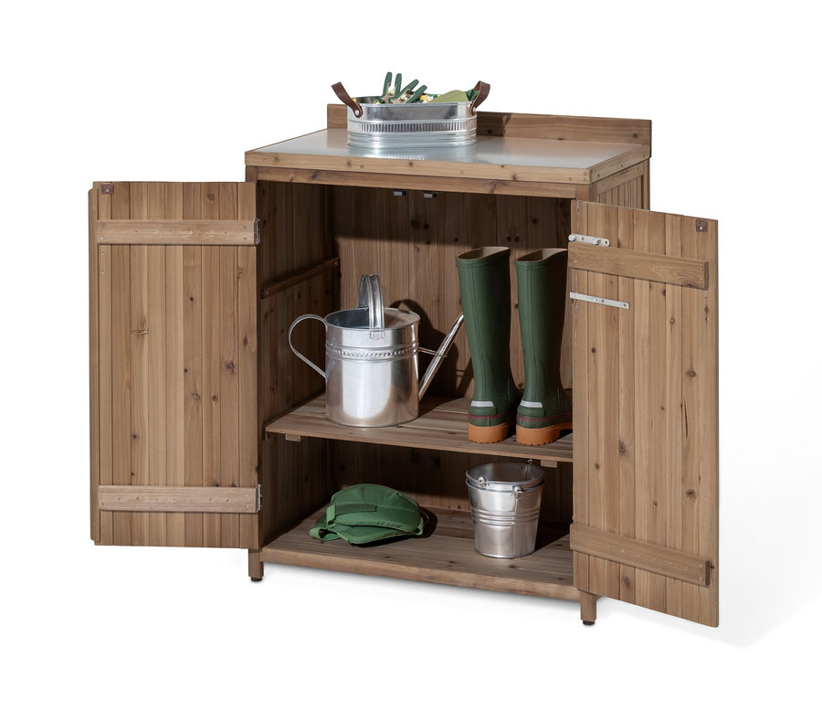 Petit armoire de jardin »Tinus« ouverte avec divers accessoires de jardinage.