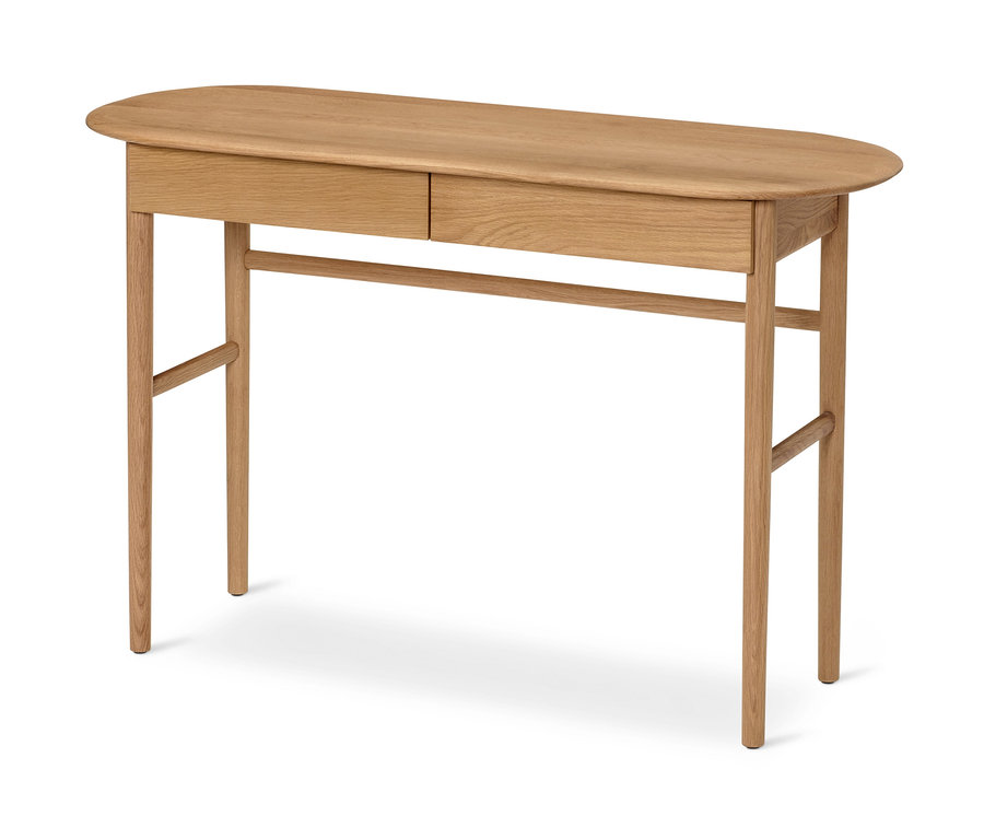 Un secrétaire en bois clair avec des tiroirs.