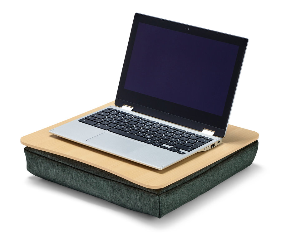 Table pour ordinateur portable avec coussin pour les genoux et un ordinateur portable.