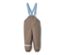 Pantalon imperméable marron pour tout-petit avec des bretelles bleues.