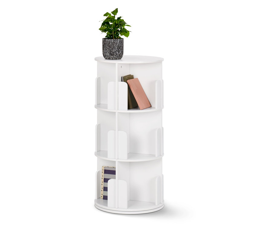 Une bibliothèque pivotante avec une plante en pot et des livres.