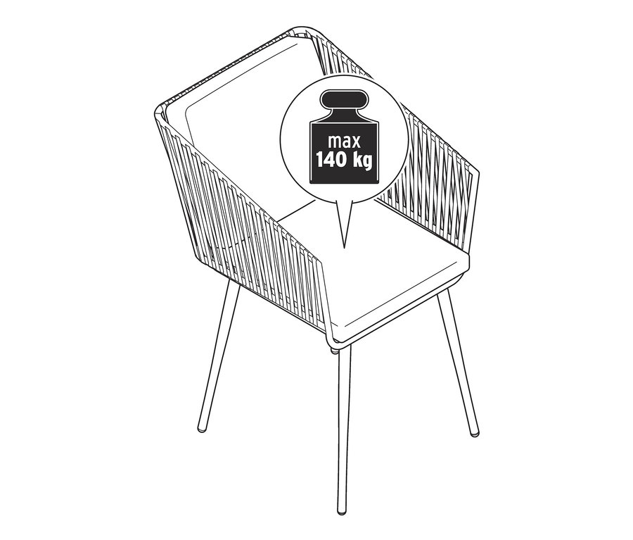 Schéma d'un fauteuil pour table à manger avec tressage textile et une capacité de charge maximale de 140 kg.