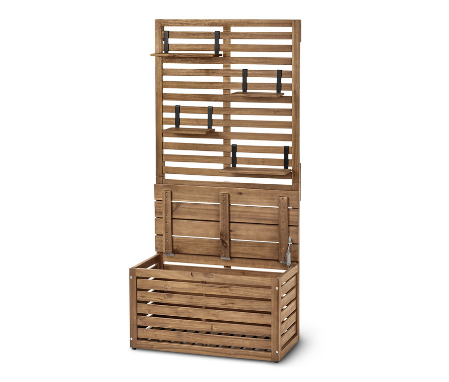 Banc de balcon « Lenja » avec coffre de rangement en bois marron, espace de rangement ouvert et petites étagères.