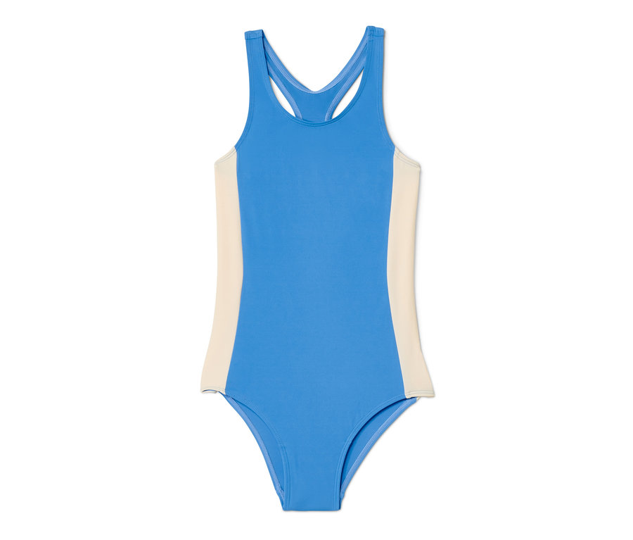 Maillot de bain pour enfant bleu avec panneaux latéraux crème.