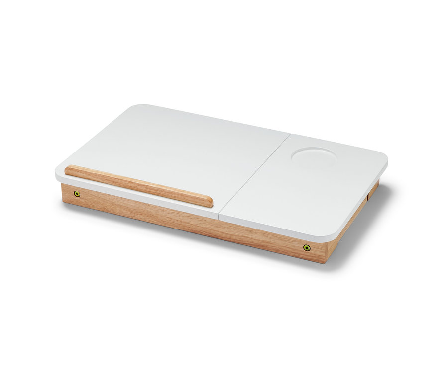 Une table de lit pour ordinateur portable blanche avec des détails en bois.