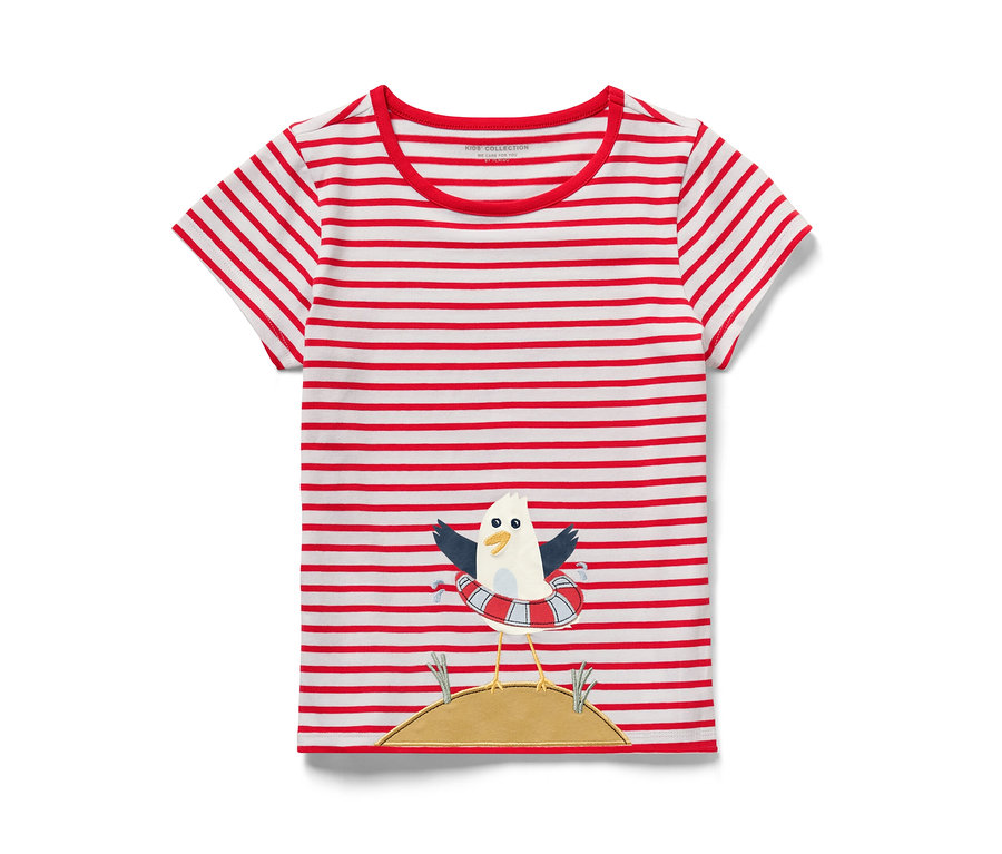 Un t-shirt pour enfant rayé rouge et blanc avec une application de mouette avec une bouée.