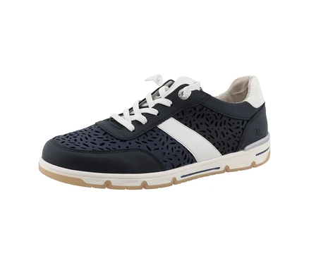 Basket Romika bleu marine en PU avec des lacets blancs et une bande latérale blanche.