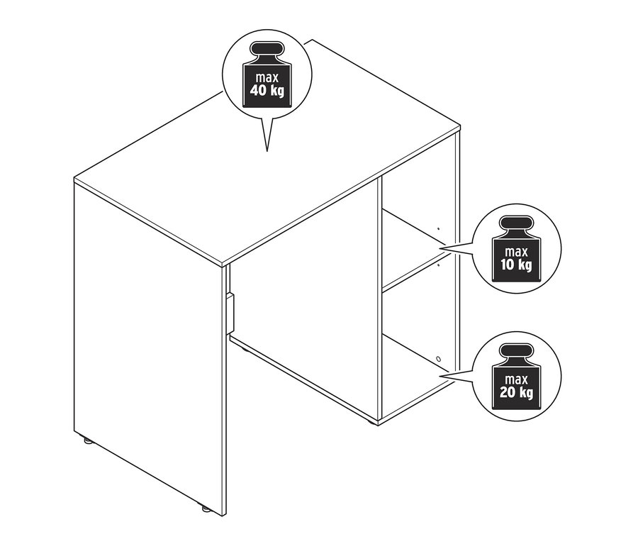 Schéma d'une étagère pour machine à laver avec espace de rangement latéral et différentes capacités de charge.