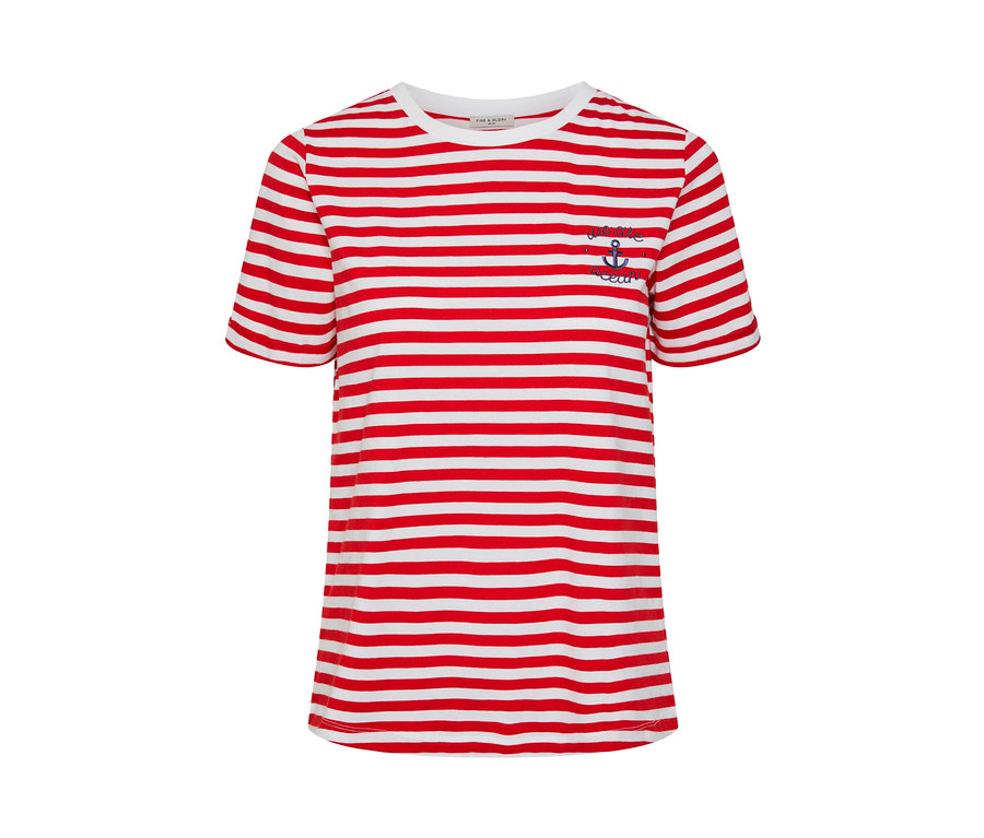 T-shirt rouge-blanc à rayures avec broderie.