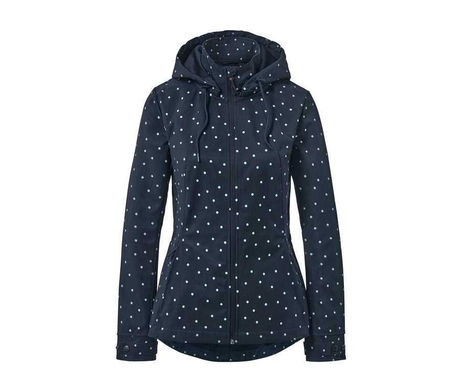 Une veste en softshell bleu marine à pois blancs.