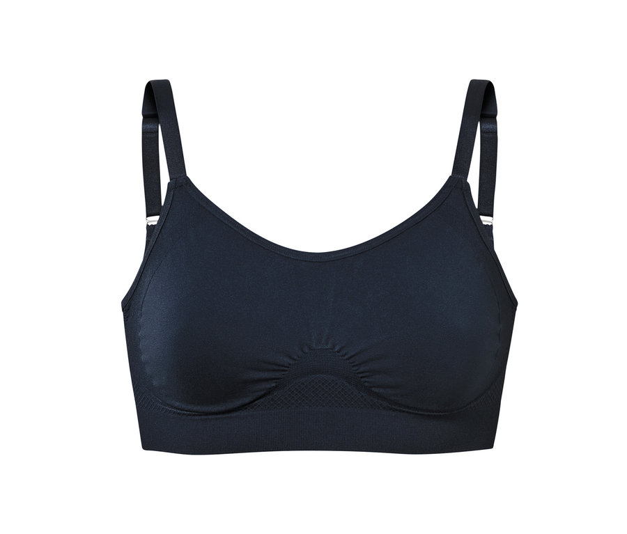 Gros plan d'un soutien-gorge de sport sans coutures bleu foncé.