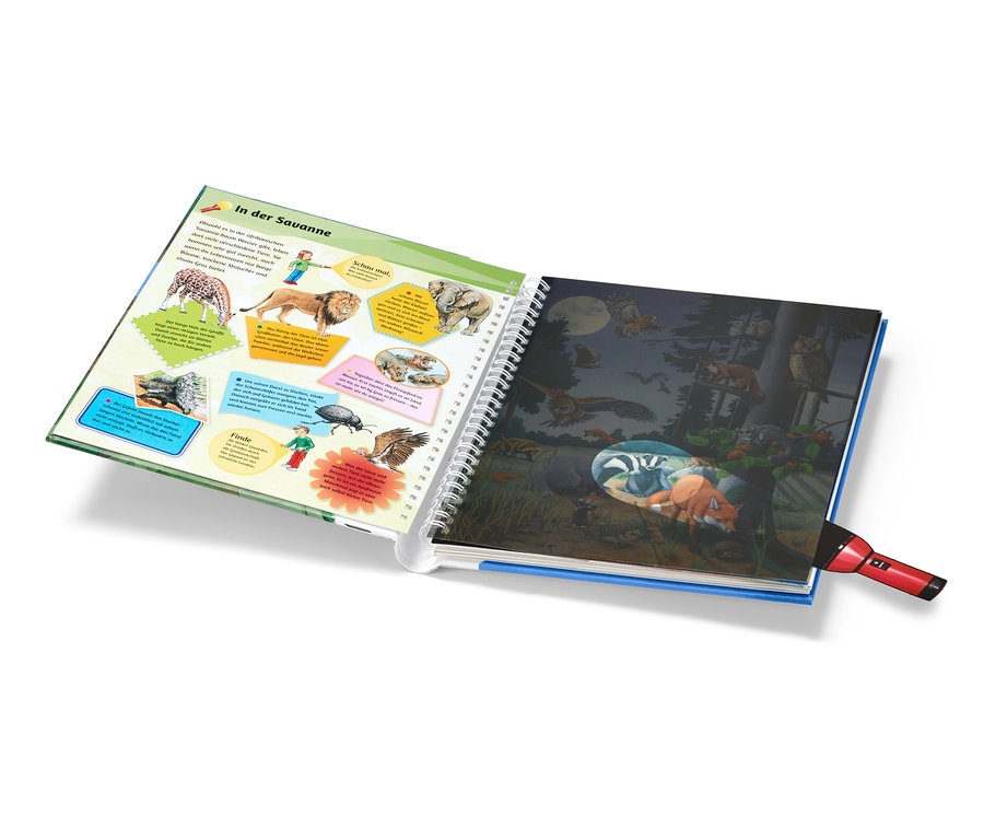 Livre ouvert « Mein Taschenlampenbuch – wilde Tiere » (Mon livre à la lampe de poche – animaux sauvages, en allemand) avec des illustrations d'animaux et une lampe de poche rouge pointant vers une page.