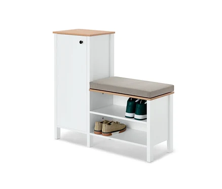 Banquette blanche avec armoire à chaussures et coussin d'assise beige. Deux étagères à chaussures sont visibles dans l'armoire.