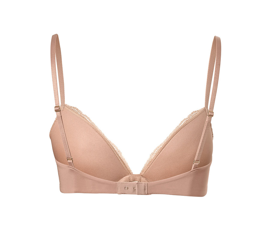 Vue arrière rapprochée d'un soutien-gorge push-up couleur chair avec bordure en dentelle.
