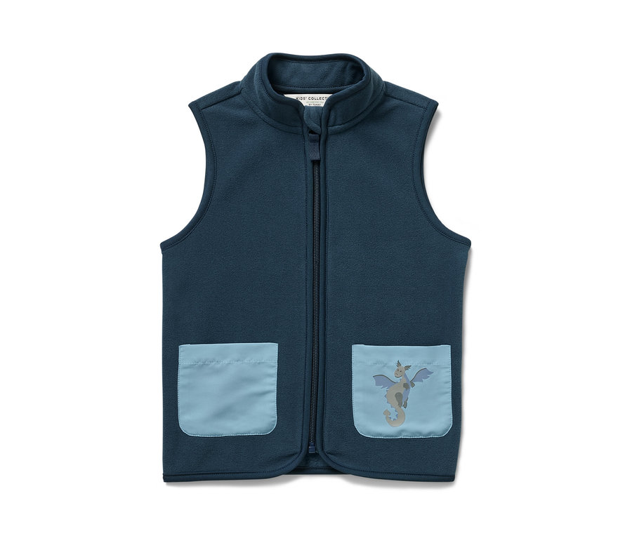 Gilet sans manches polaire bleu marine pour enfant Gilet sans manches polaire pour enfant, dragon, avec poches et fermeture éclair.