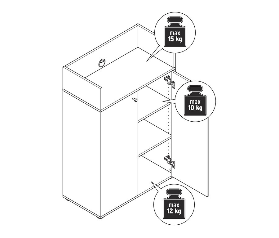 Un dessin au trait d'un buffet haut à 2 portes, les portes ouvertes révélant 3 étagères internes.