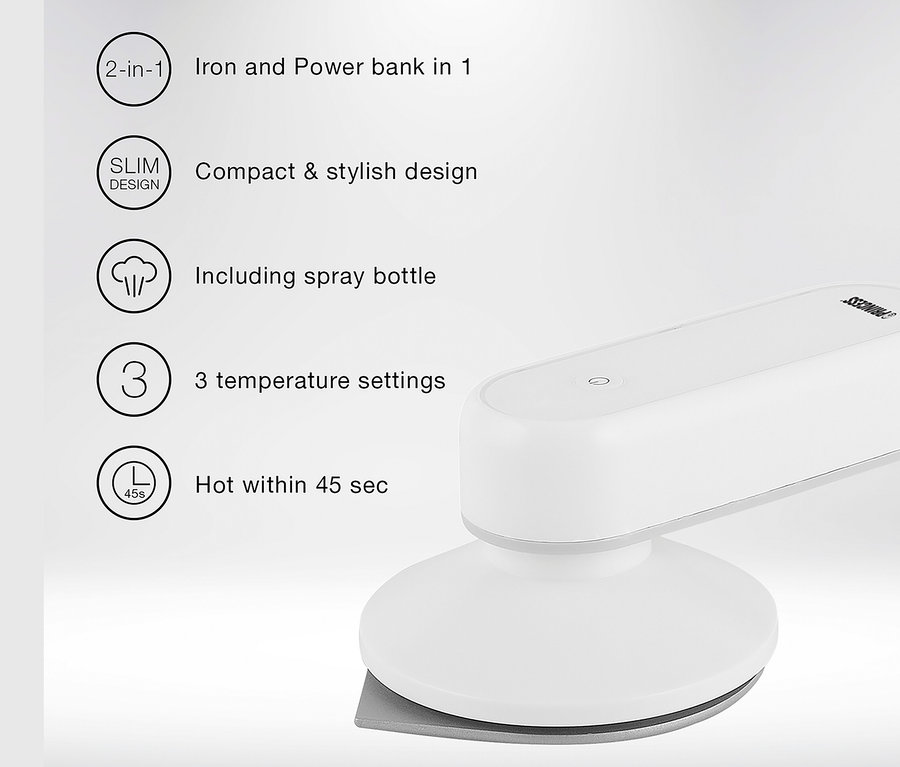 Gros plan sur un fer à repasser de voyage Princess blanc avec Power Bank.