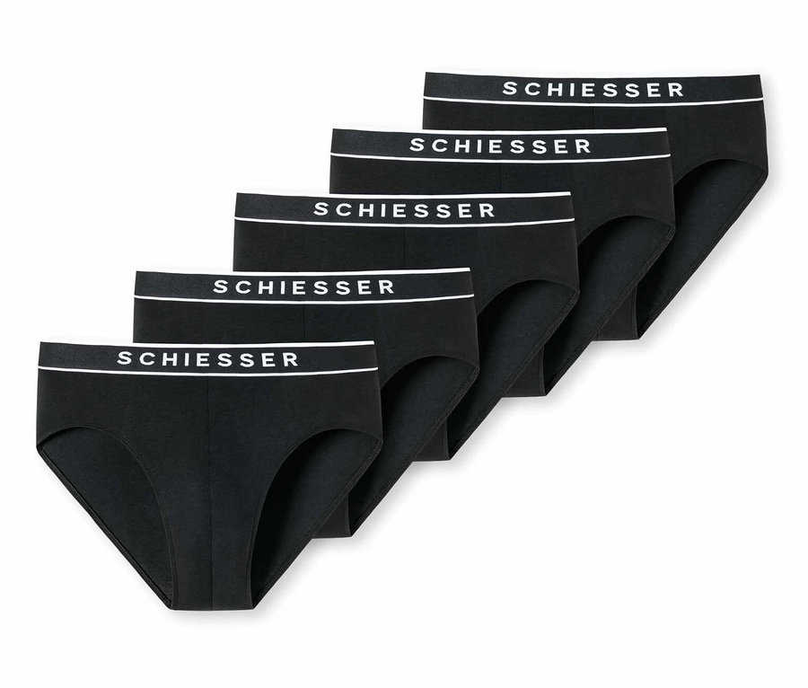 Cinq slips Rio SCHIESSER noirs sur fond blanc.
