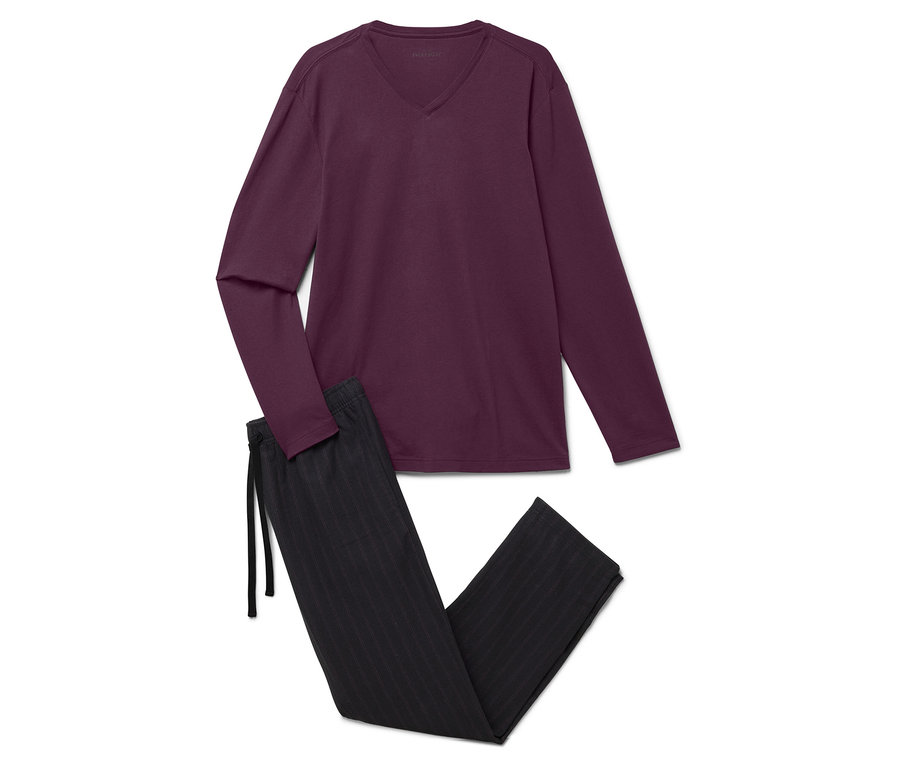 Haut de pyjama violet à manches longues et pantalon de pyjama rayé noir avec cordon de serrage.