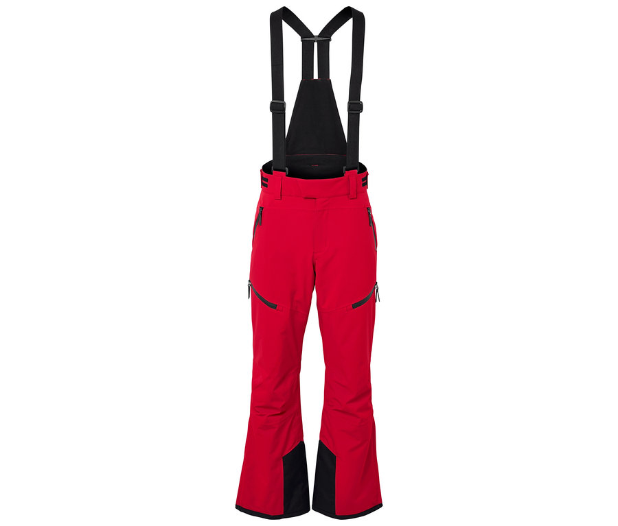 Pantalon de ski rouge avec des détails noirs et des bretelles noires.
