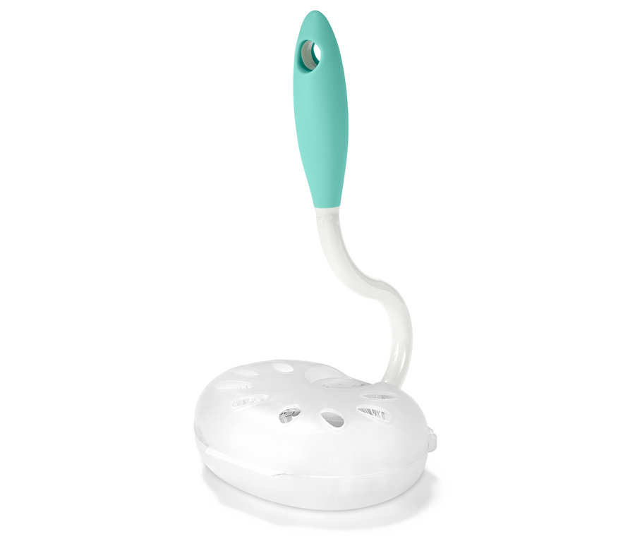 Brosse de toilette avec base blanche et manche vert.