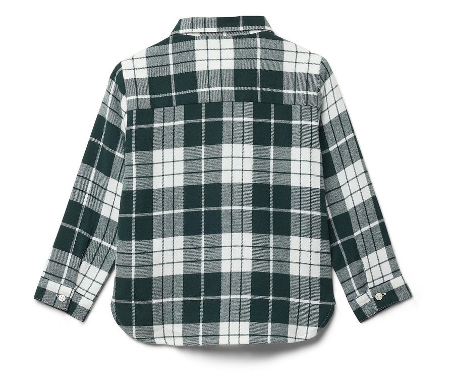 Vue arrière d'une chemise à manches longues à carreaux vert et blanc.