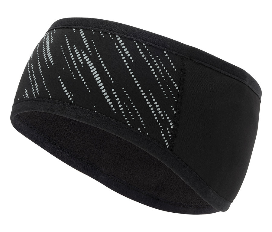 Bandeau de sport noir avec des éléments réfléchissants sur fond blanc.