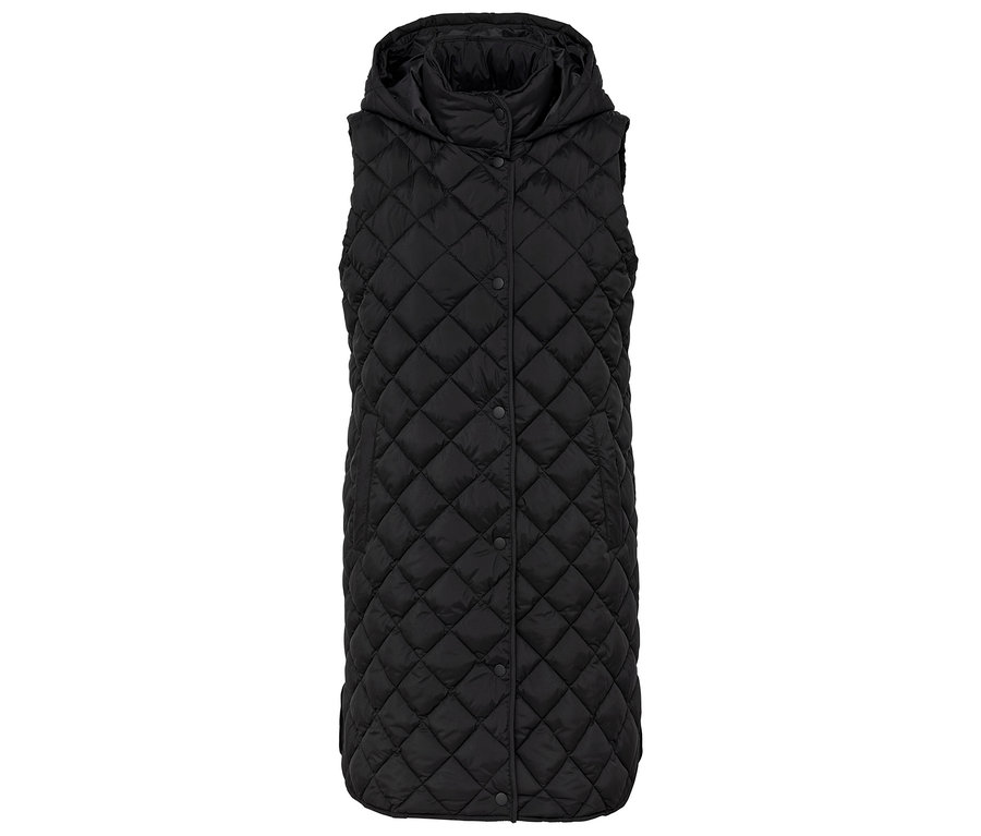 Long gilet noir matelassé avec capuche et fermeture à boutons.