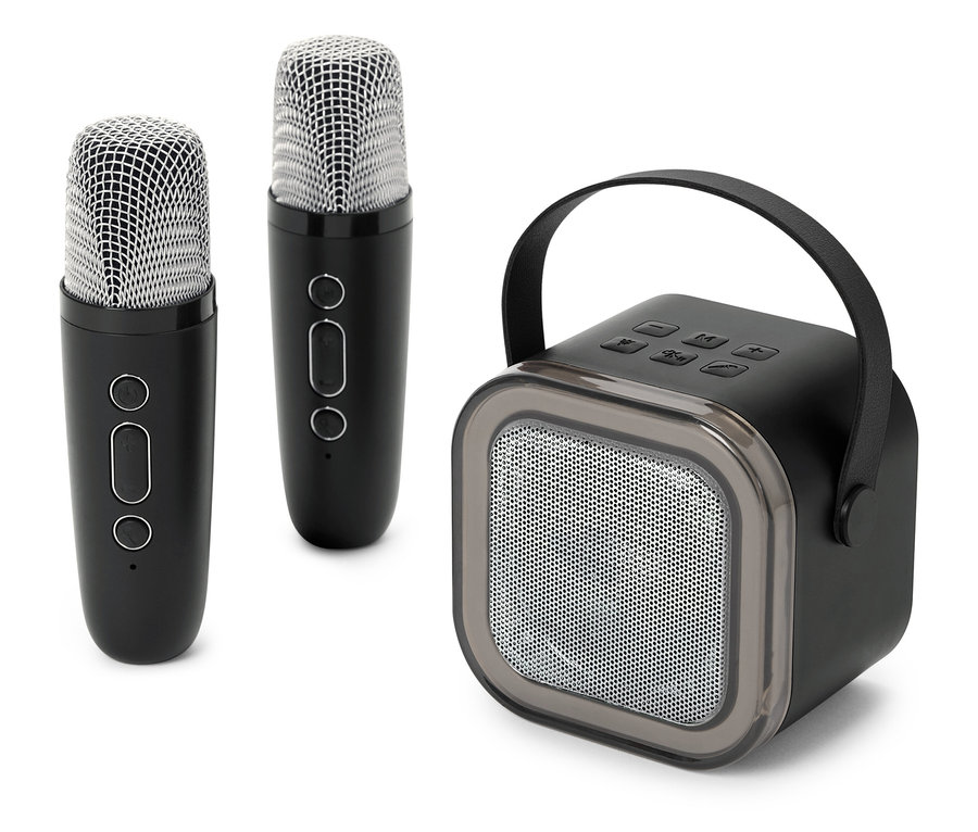 Deux microphones et un haut-parleur noir sur un fond blanc.