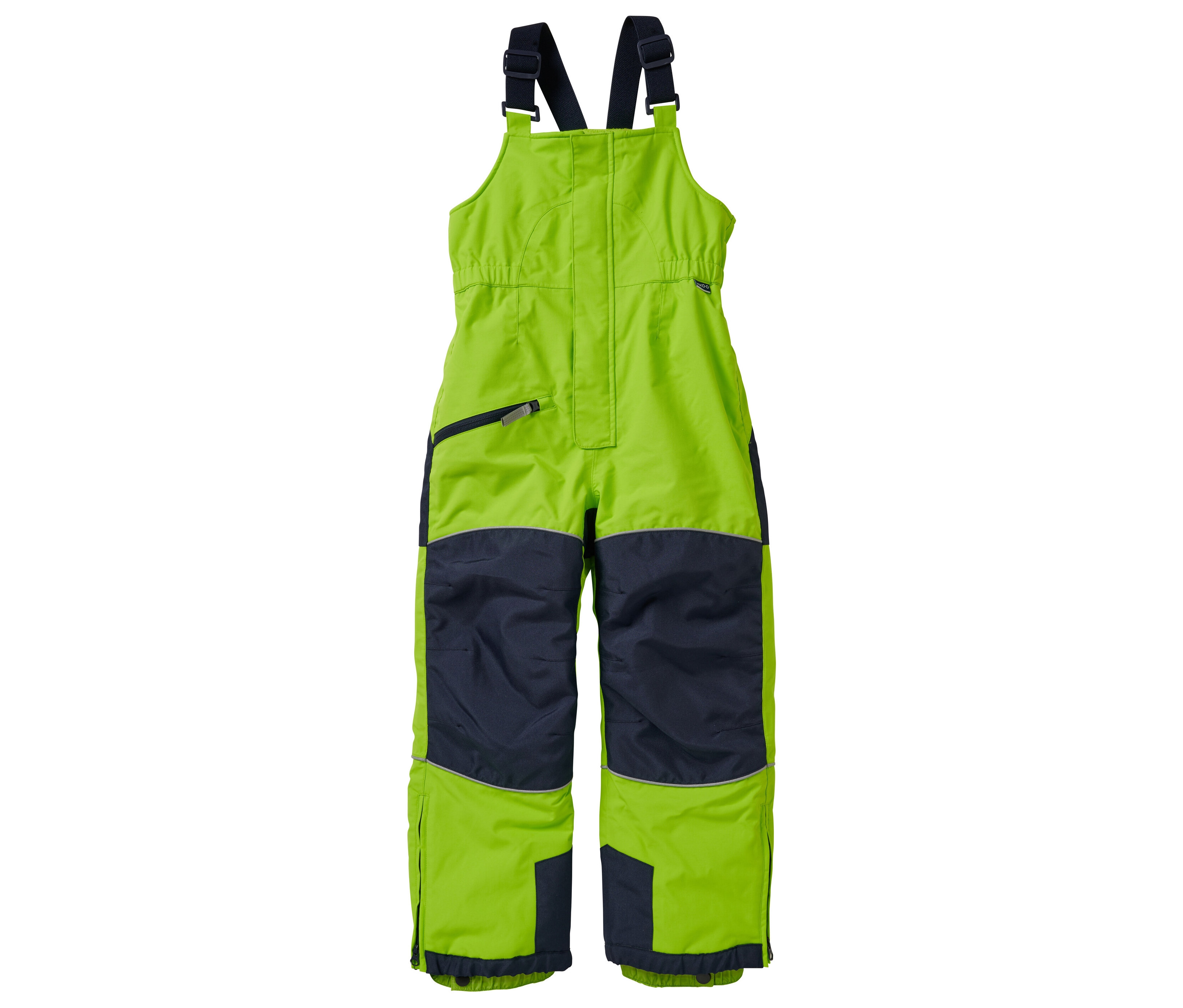 Salopette de neige vert pâle JAKO-O avec genoux et ourlets bleu marine.