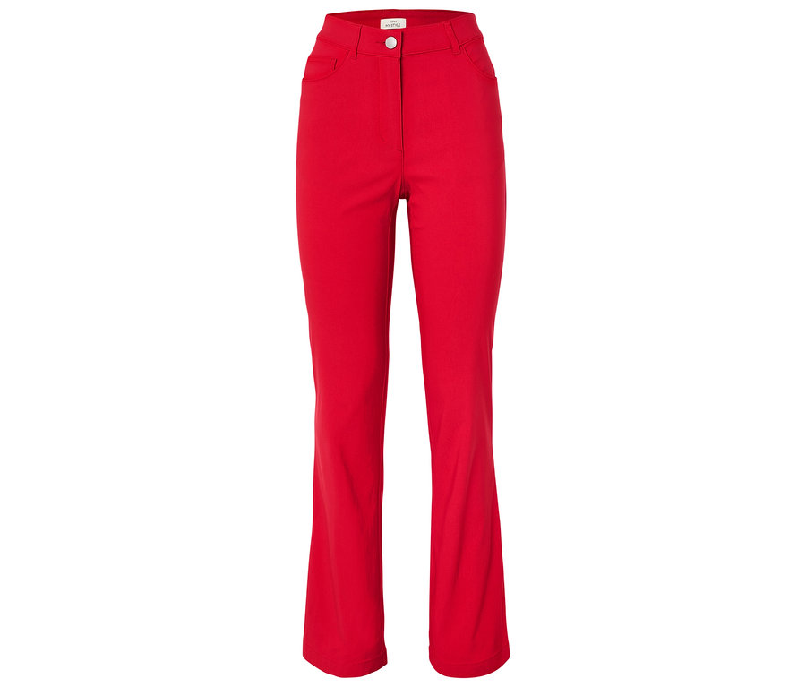Pantalon rouge évasé sur fond blanc.