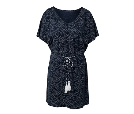Tunique de plage bleu marine avec motif de feuilles blanches et cordon de serrage à la taille.