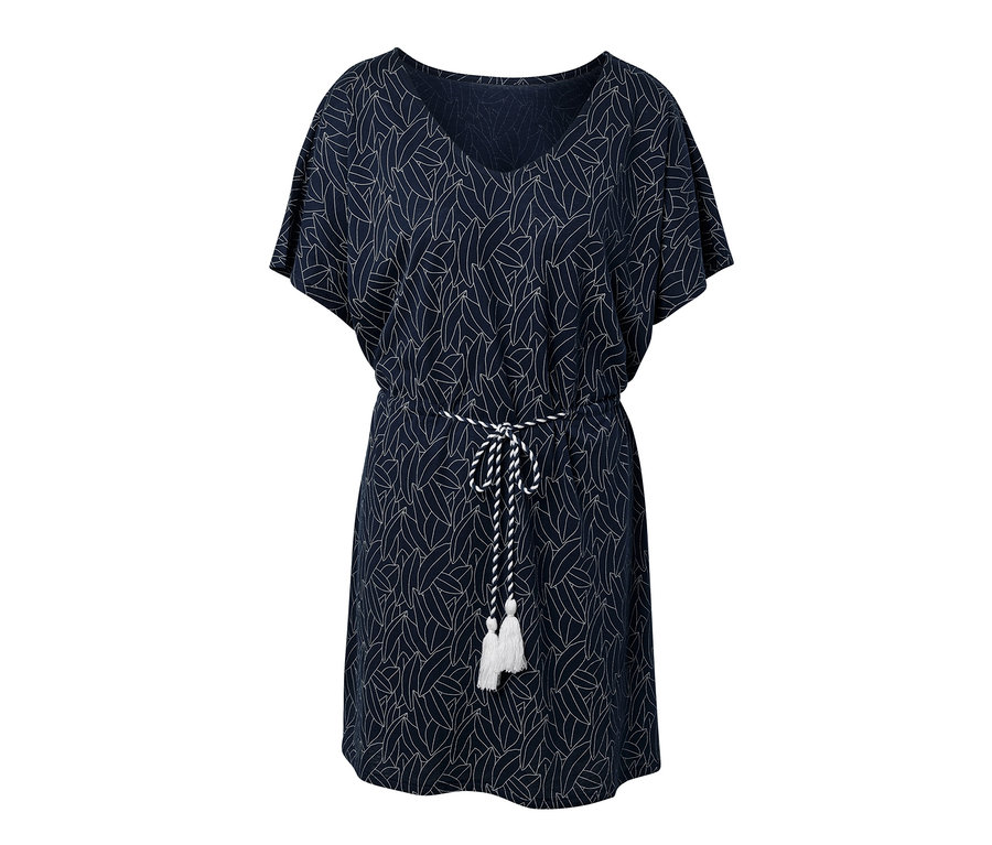 Tunique de plage bleu marine avec motif de feuilles blanches et cordon de serrage à la taille.