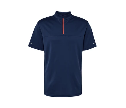 Maillot de cyclisme bleu à manches courtes avec fermeture éclair orange.