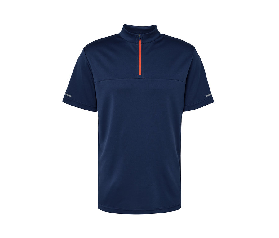 Maillot de cyclisme bleu à manches courtes avec fermeture éclair orange.